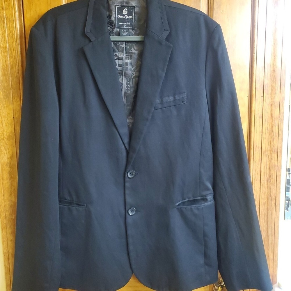 Guess Jeans XL Blazer Mens‎ Black Two Button Graphic Lining Sport Coat Jacket